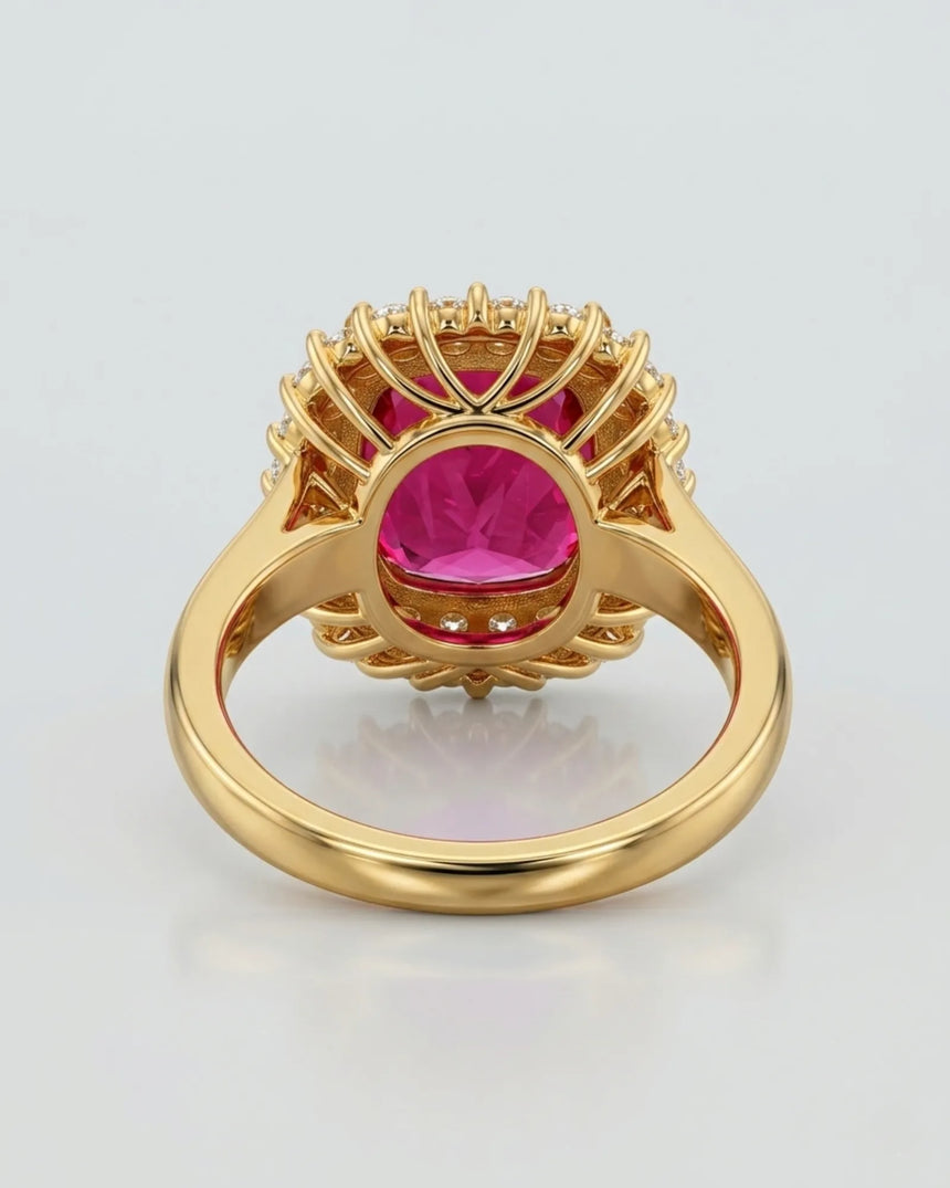 Luxury crimson tourmaline ring with natural diamond halo in 18K yellow gold | SARATTI