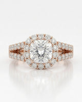 Luxury cushion halo moissanite ring set with sculptural rose gold split-shank detailing | SARATTI