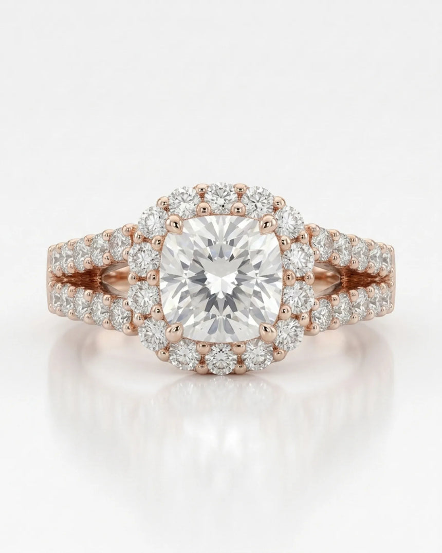Luxury cushion halo moissanite ring set with sculptural rose gold split-shank detailing | SARATTI