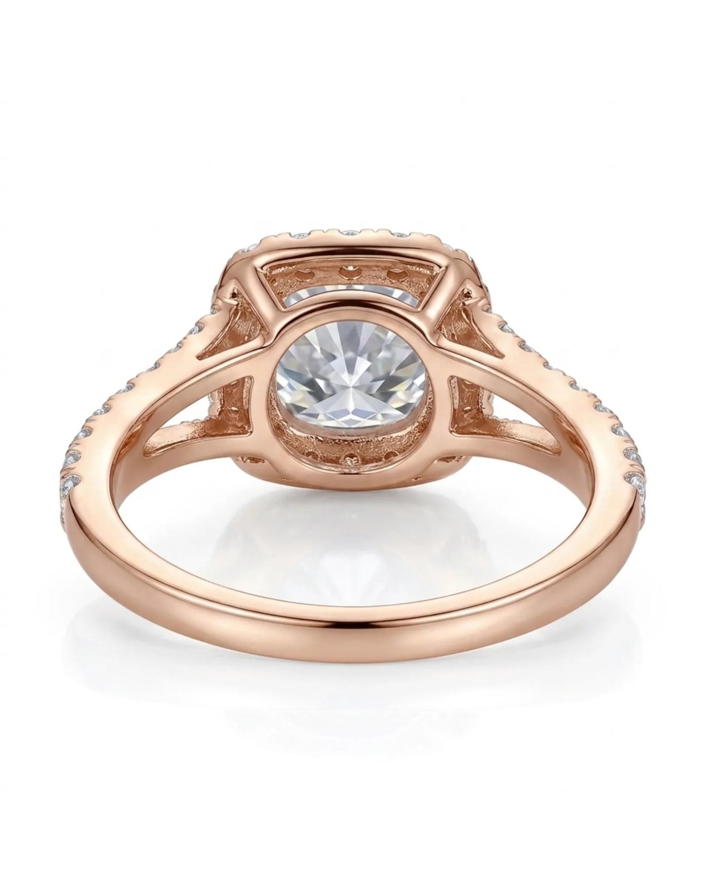 Luxury cushion moissanite engagement ring with dimensional halo and refined 18K rose gold craftsmanship - SARATTI