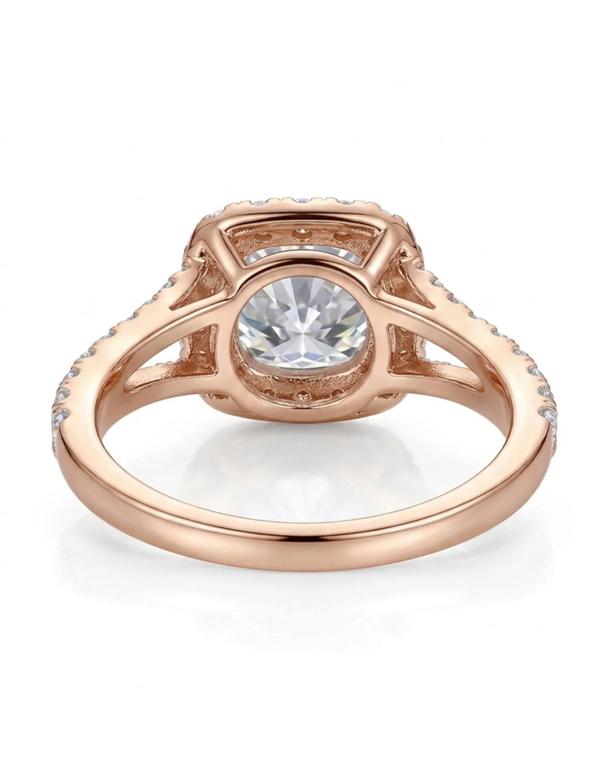 Luxury cushion moissanite engagement ring with dimensional halo and refined 18K rose gold craftsmanship - SARATTI