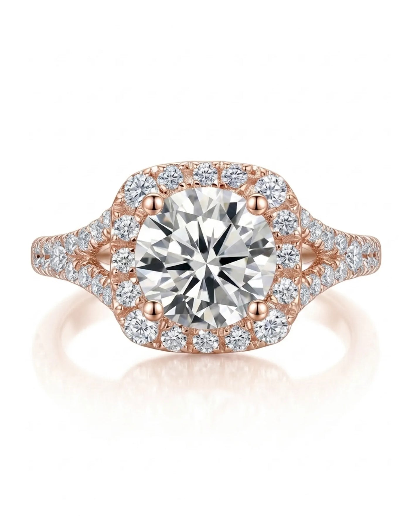 Luxury cushion moissanite engagement ring with dimensional halo and refined 18K rose gold craftsmanship | SARATTI