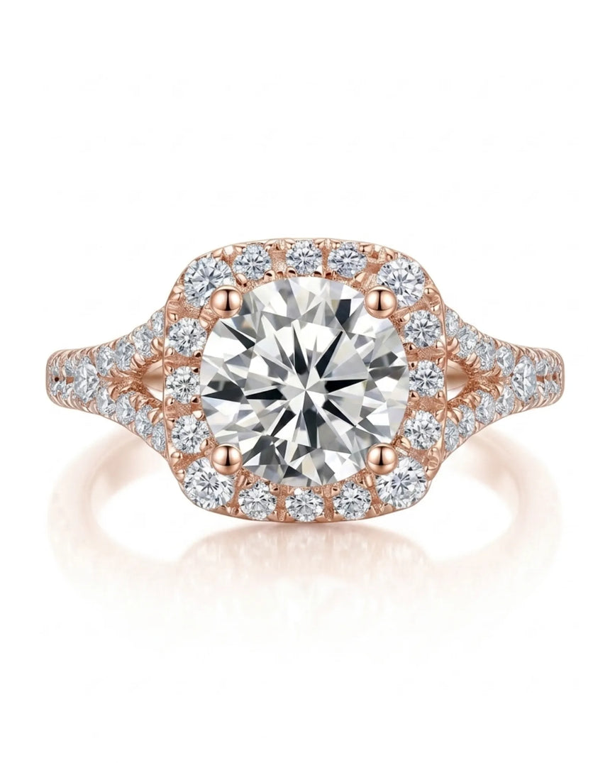 Luxury cushion moissanite engagement ring with dimensional halo and refined 18K rose gold craftsmanship | SARATTI