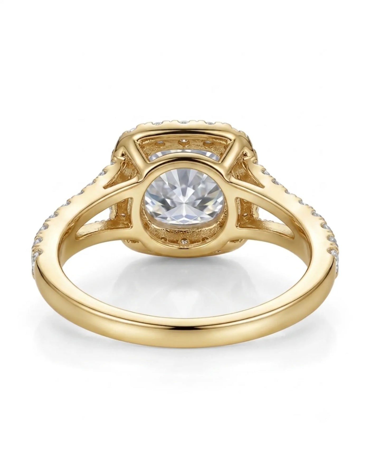 Luxury cushion moissanite engagement ring with dimensional halo and rich 18K yellow gold craftsmanship - SARATTI