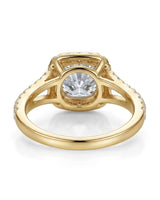 Luxury cushion moissanite engagement ring with dimensional halo and rich 18K yellow gold craftsmanship - SARATTI