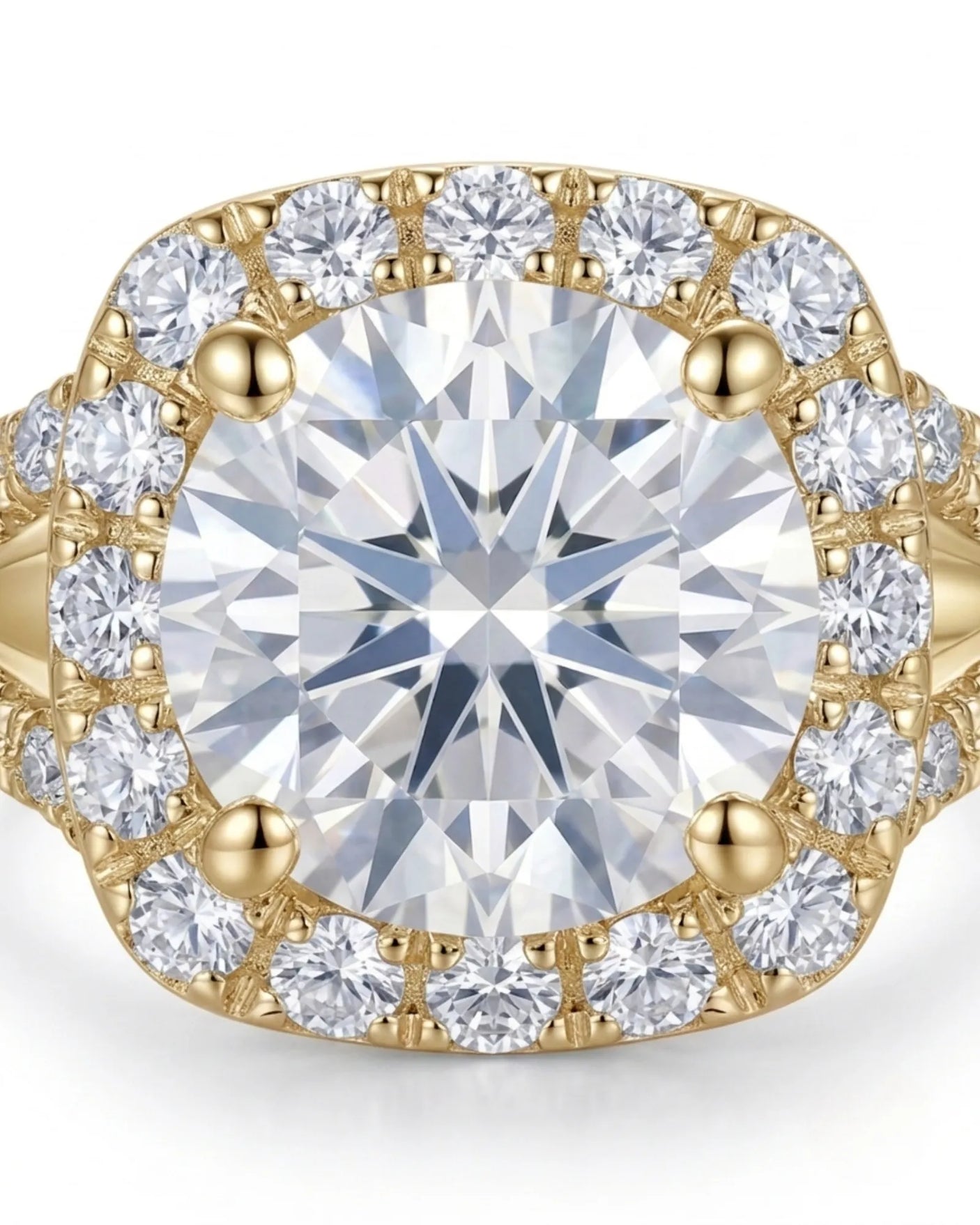 Luxury cushion moissanite engagement ring with dimensional halo and rich 18K yellow gold craftsmanship | SARATTI