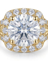 Luxury cushion moissanite engagement ring with dimensional halo and rich 18K yellow gold craftsmanship | SARATTI