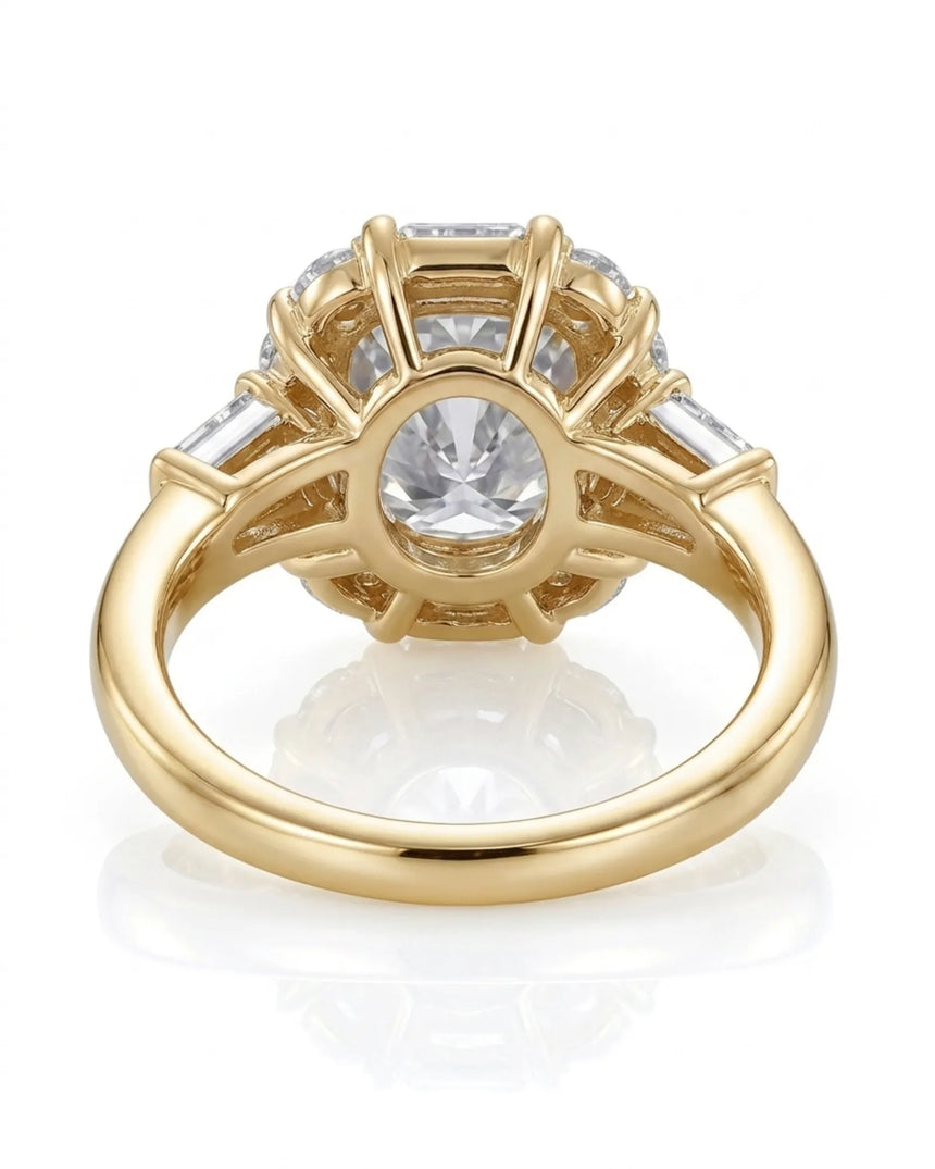 Luxury cushion moissanite ring with geometric halo and polished yellow gold setting - SARATTI