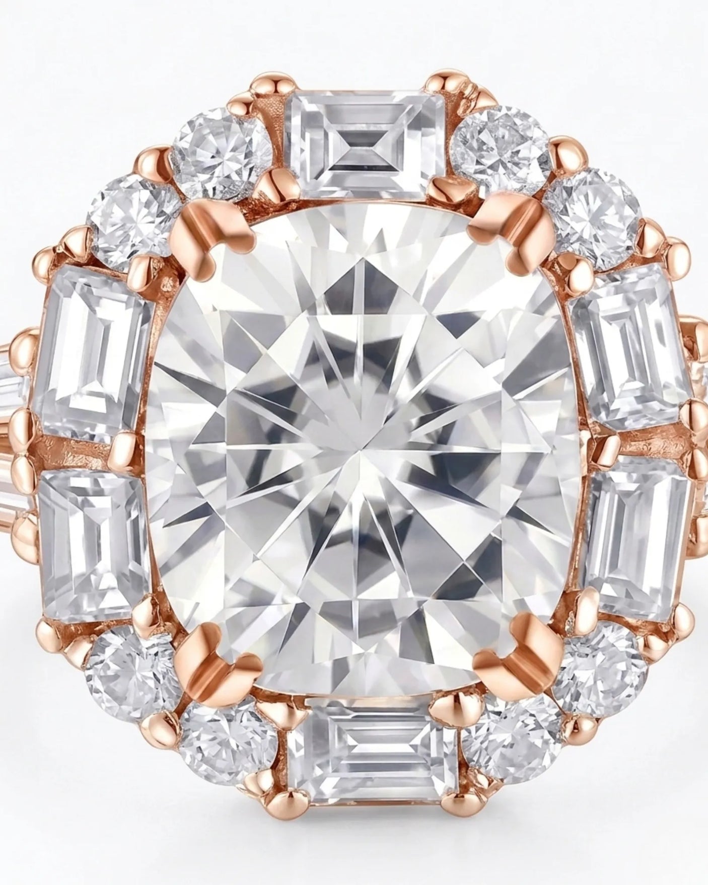 Luxury cushion moissanite ring with geometric halo and warm rose gold setting | SARATTI