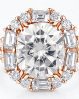 Luxury cushion moissanite ring with geometric halo and warm rose gold setting | SARATTI