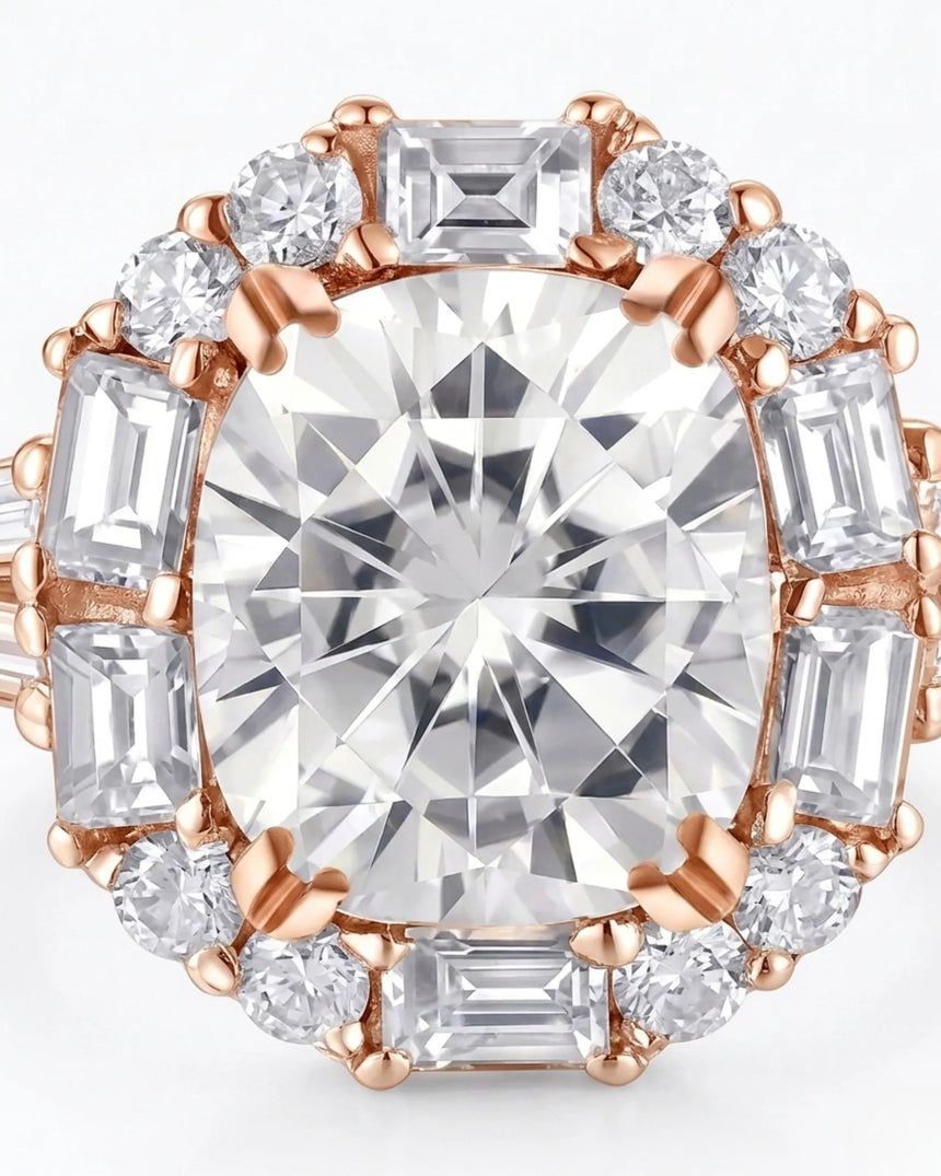 Luxury cushion moissanite ring with geometric halo and warm rose gold setting | SARATTI