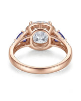 Luxury cushion moissanite ring with tanzanite side stones in rose gold | SARATTI