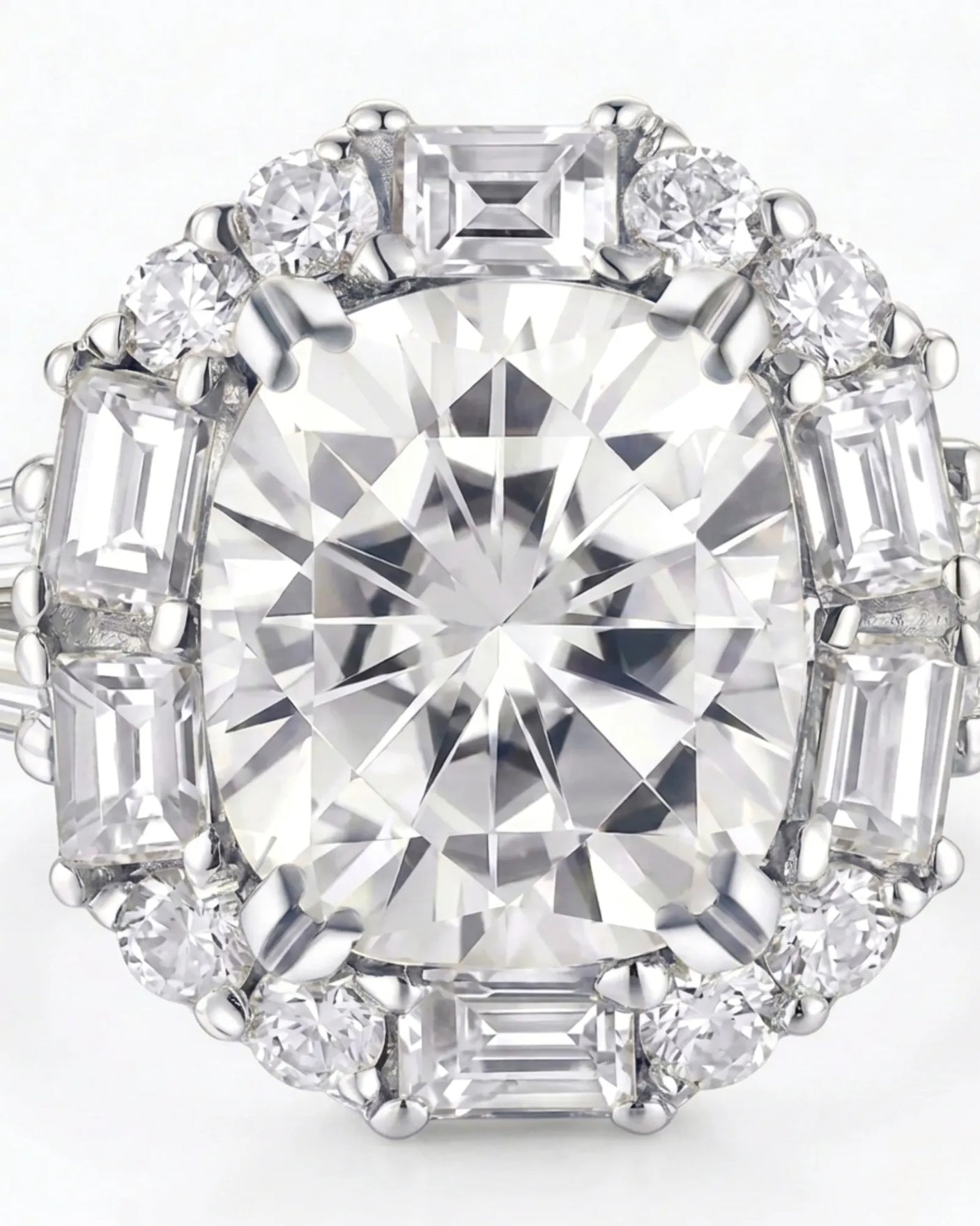 Luxury cushion moissanite ring with two-tone prongs and geometric halo in white gold - SARATTI