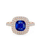 Luxury cushion sapphire diamond ring with soft rose gold halo setting in 18K rose gold - SARATTI
