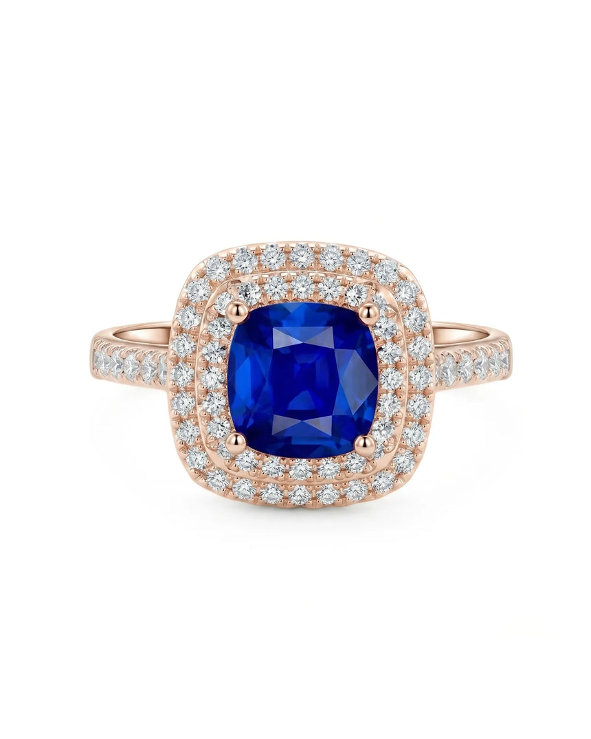 Luxury cushion sapphire diamond ring with soft rose gold halo setting in 18K rose gold - SARATTI