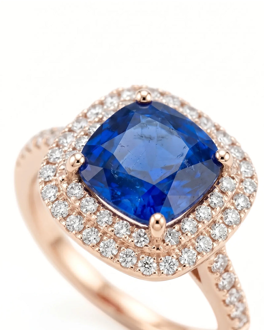 Luxury cushion sapphire diamond ring with soft rose gold halo setting in 18K rose gold | SARATTI