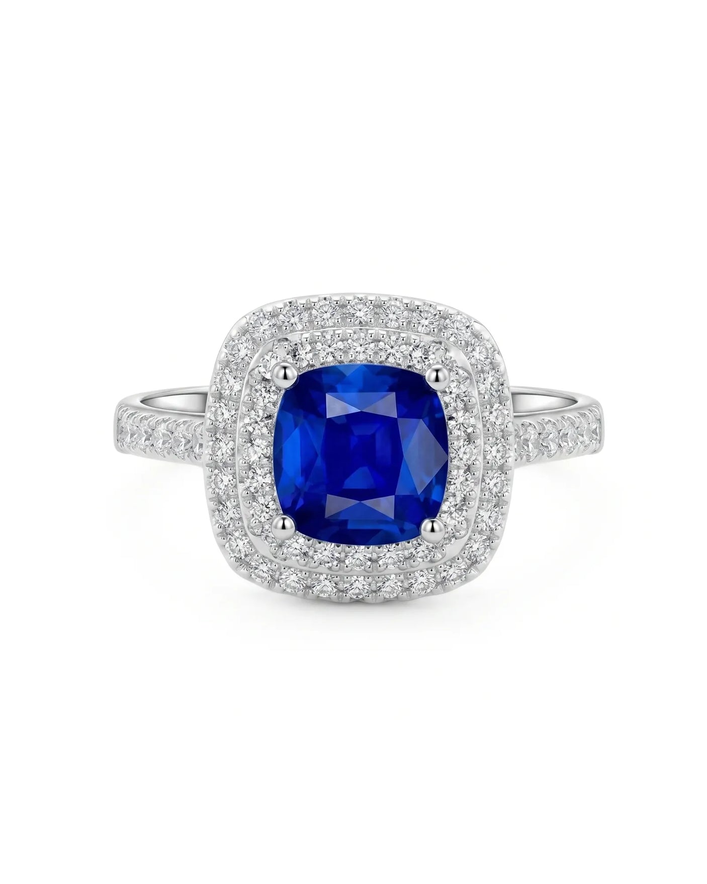 Luxury cushion sapphire diamond ring with timeless halo setting in 18K white gold - SARATTI