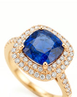 Luxury cushion sapphire diamond ring with warm gold halo setting in 18K yellow gold - SARATTI