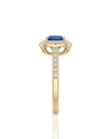 Luxury cushion sapphire diamond ring with warm gold halo setting in 18K yellow gold | SARATTI