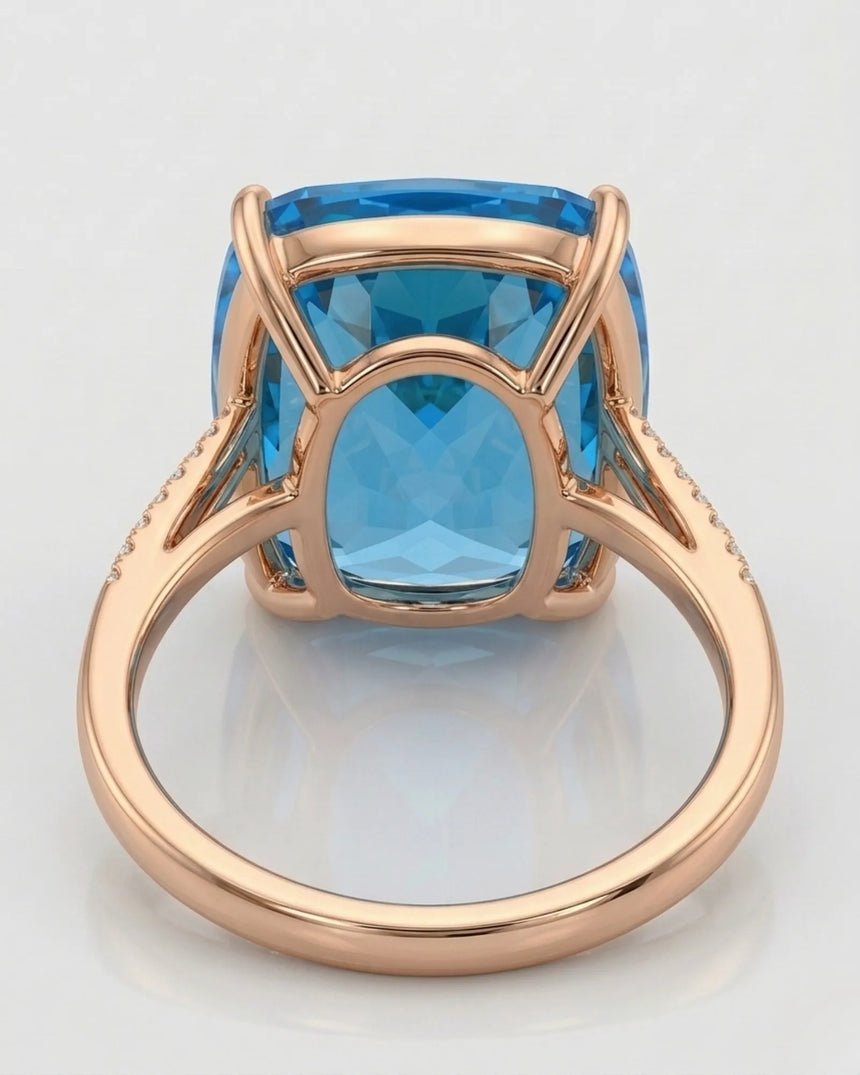 Luxury cushion topaz cocktail ring with architectural diamond shoulders in 18K rose gold - SARATTI