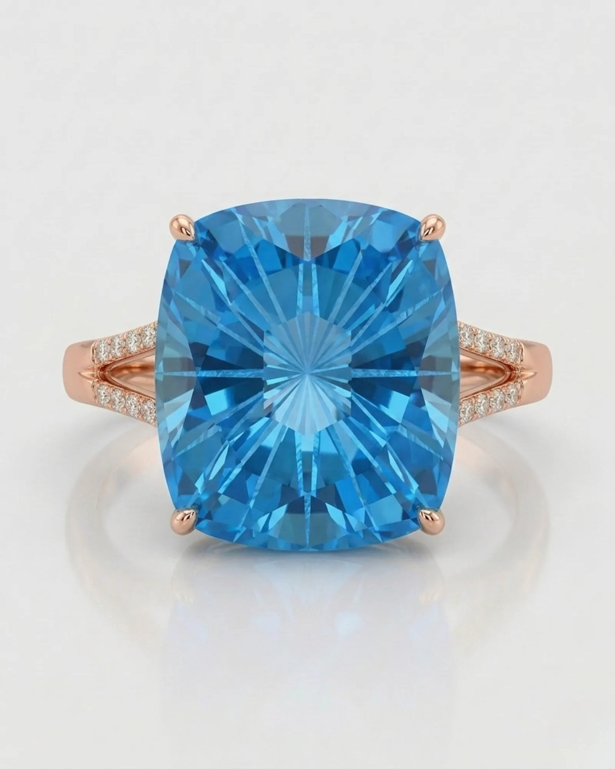 Luxury cushion topaz cocktail ring with architectural diamond shoulders in 18K rose gold | SARATTI