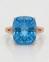 Luxury cushion topaz cocktail ring with architectural diamond shoulders in 18K rose gold | SARATTI