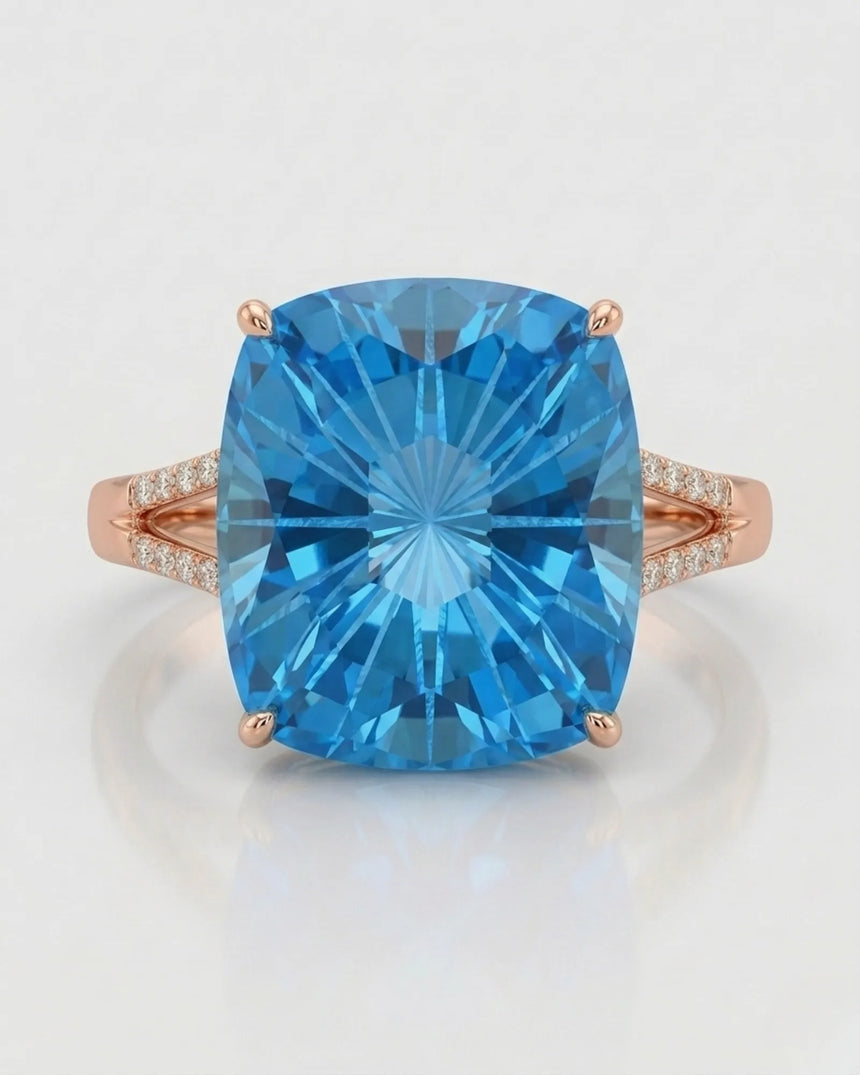 Luxury cushion topaz cocktail ring with architectural diamond shoulders in 18K rose gold | SARATTI