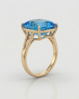Luxury cushion topaz cocktail ring with architectural diamond shoulders in 18K yellow gold | SARATTI