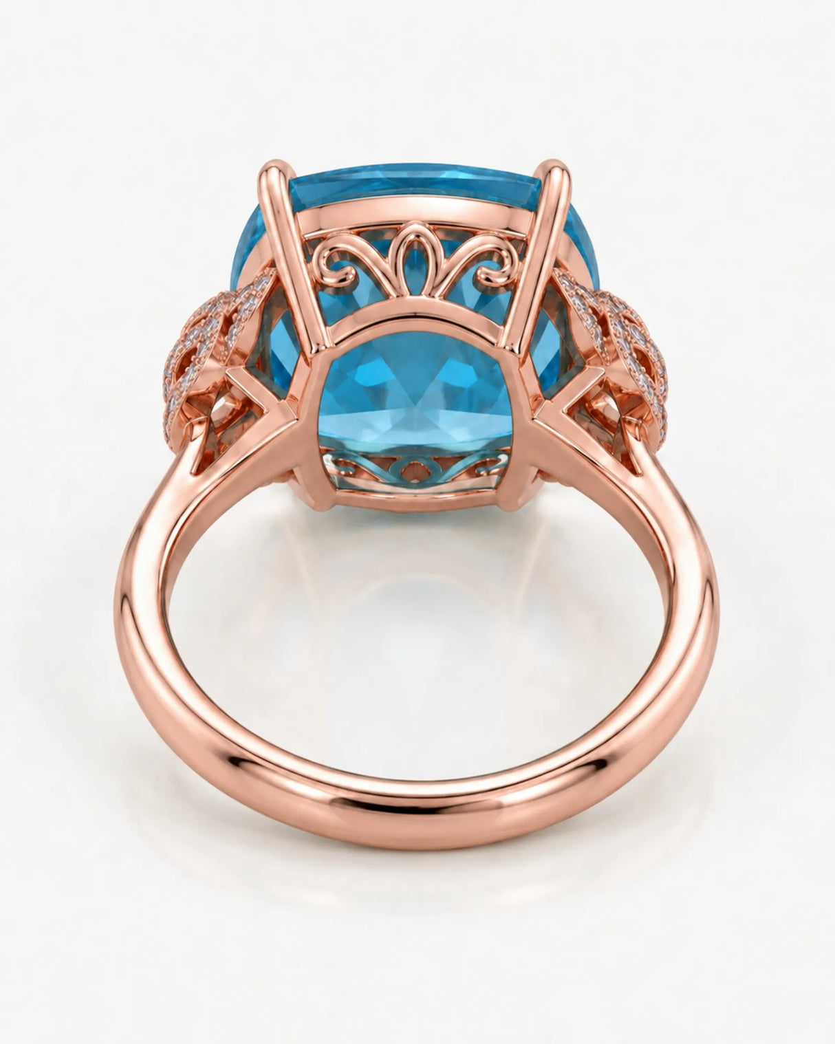 Luxury cushion topaz cocktail ring with ornate diamond shoulders in 18K rose gold - SARATTI