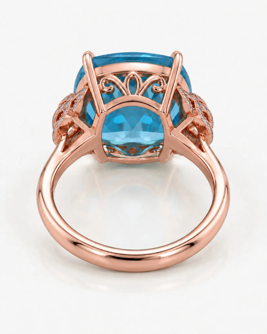 Luxury cushion topaz cocktail ring with ornate diamond shoulders in 18K rose gold - SARATTI