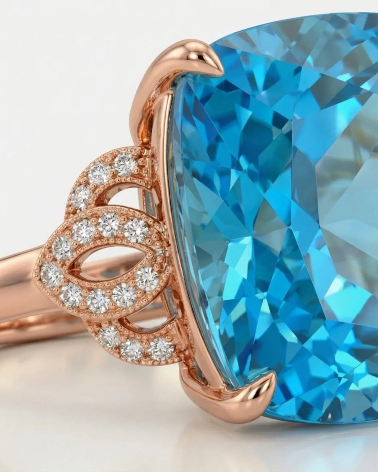 Luxury cushion topaz cocktail ring with ornate diamond shoulders in 18K rose gold | SARATTI