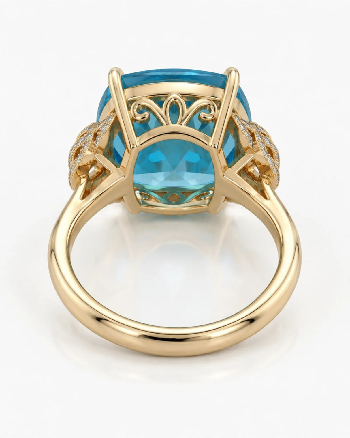 Luxury cushion topaz cocktail ring with ornate diamond shoulders in 18K yellow gold - SARATTI