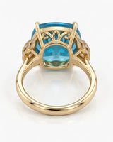 Luxury cushion topaz cocktail ring with ornate diamond shoulders in 18K yellow gold - SARATTI
