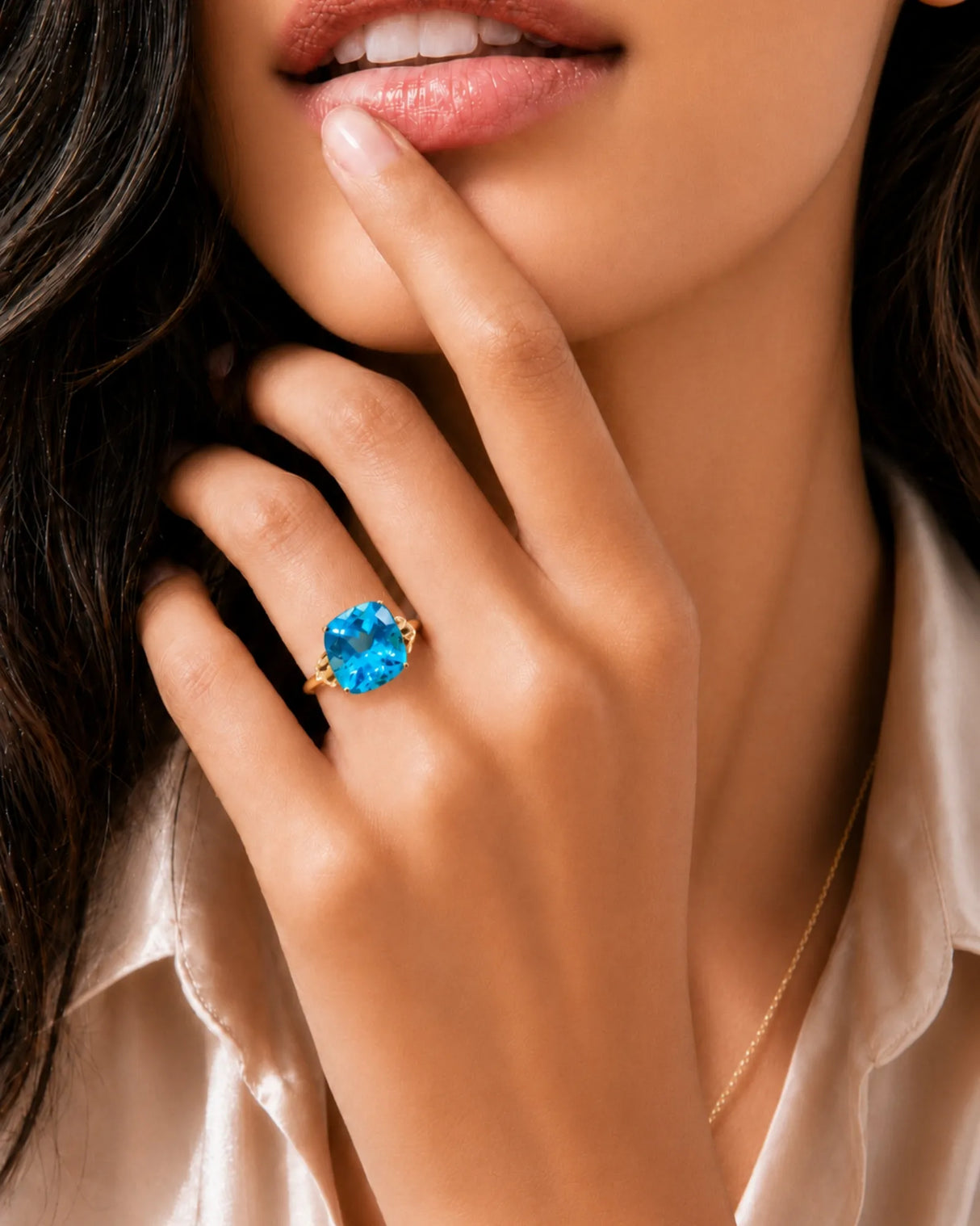 Luxury cushion topaz cocktail ring with ornate diamond shoulders in 18K yellow gold | SARATTI