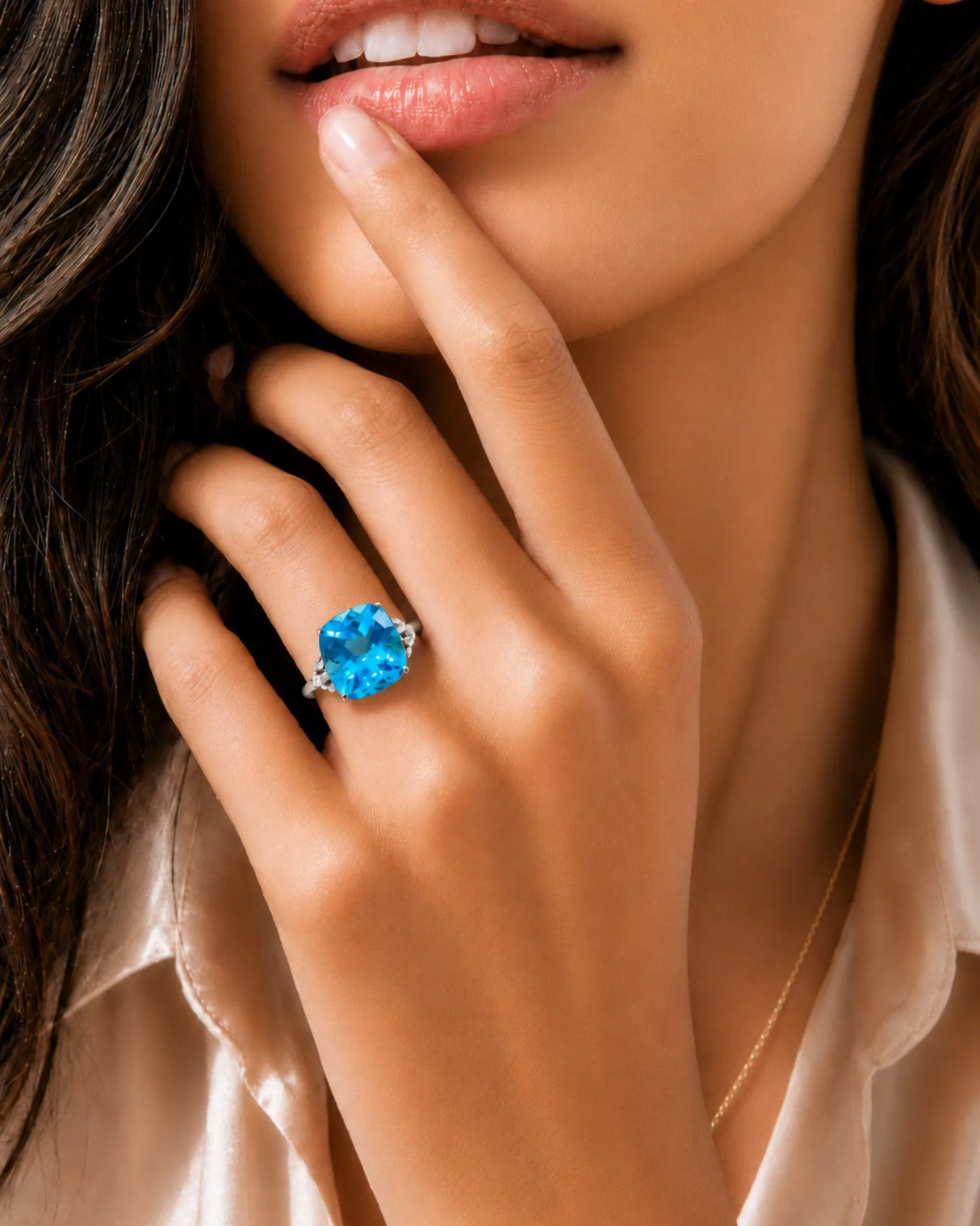 Luxury cushion topaz cocktail ring with ornate diamond shoulders in polished platinum - SARATTI