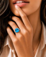 Luxury cushion topaz cocktail ring with ornate diamond shoulders in polished platinum - SARATTI