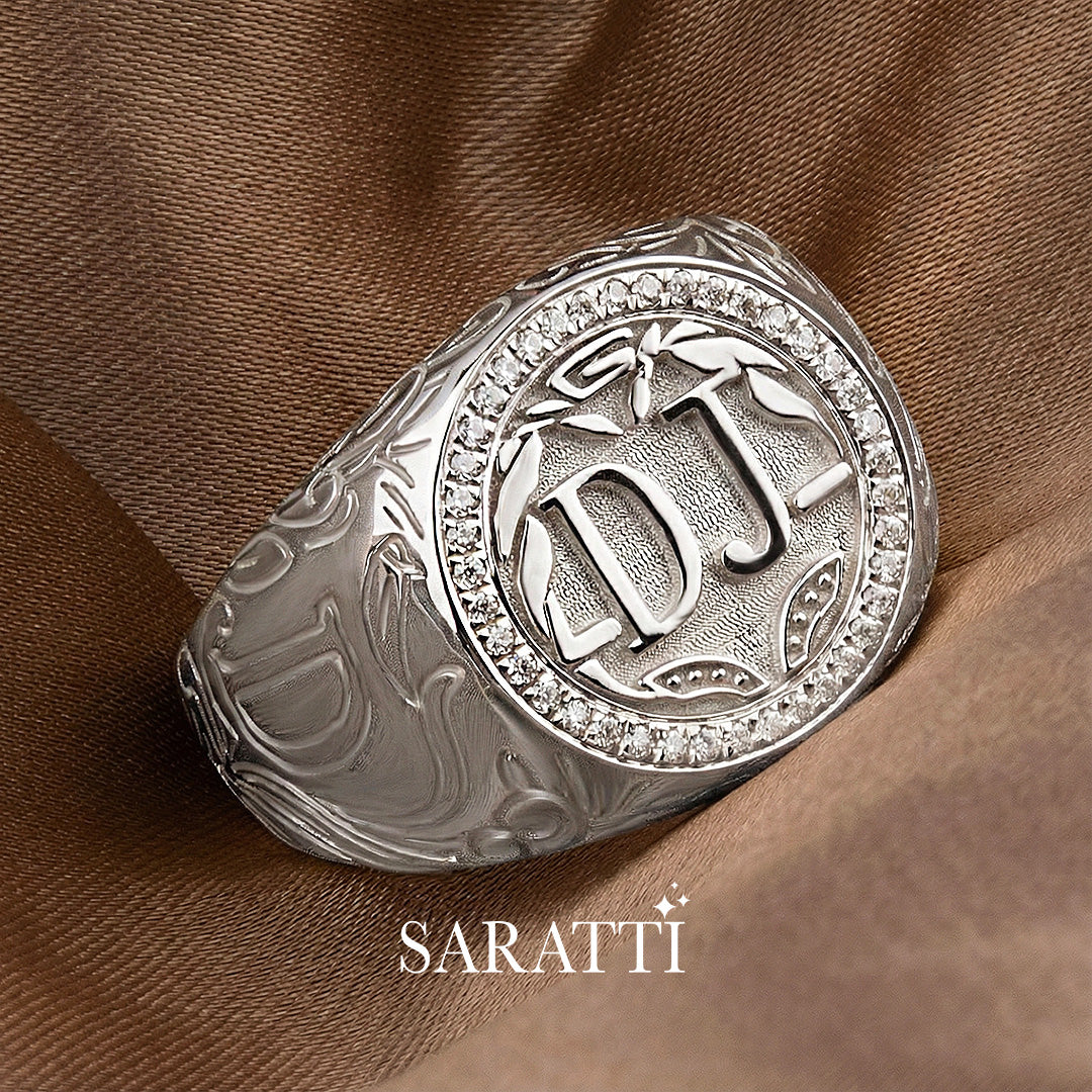 Luxury diamond halo signet ring in 18k white gold engraved crest ring | SARATTI  