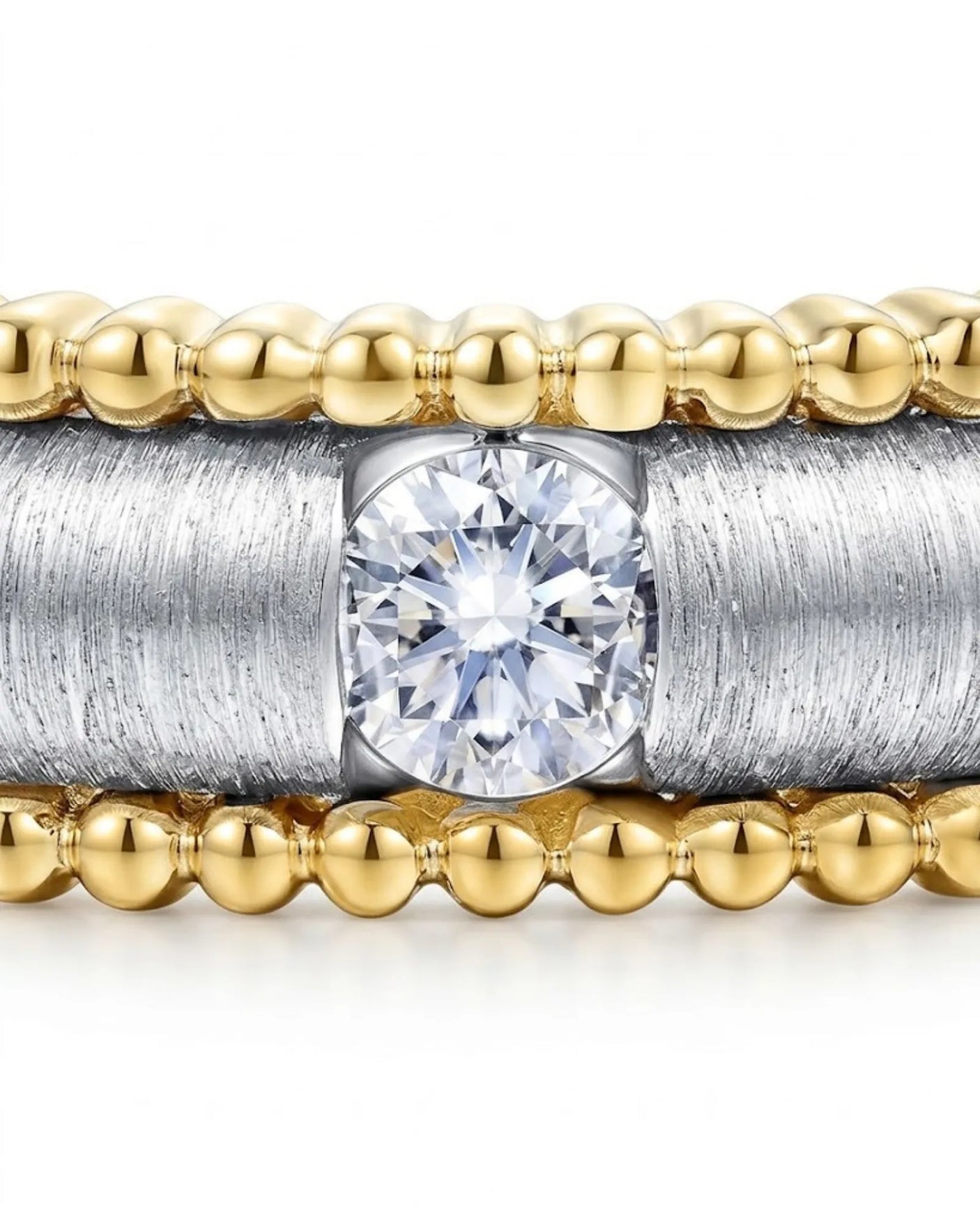 Luxury diamond wedding ring combining textured white gold and warm yellow gold beaded detailing | SARATTI