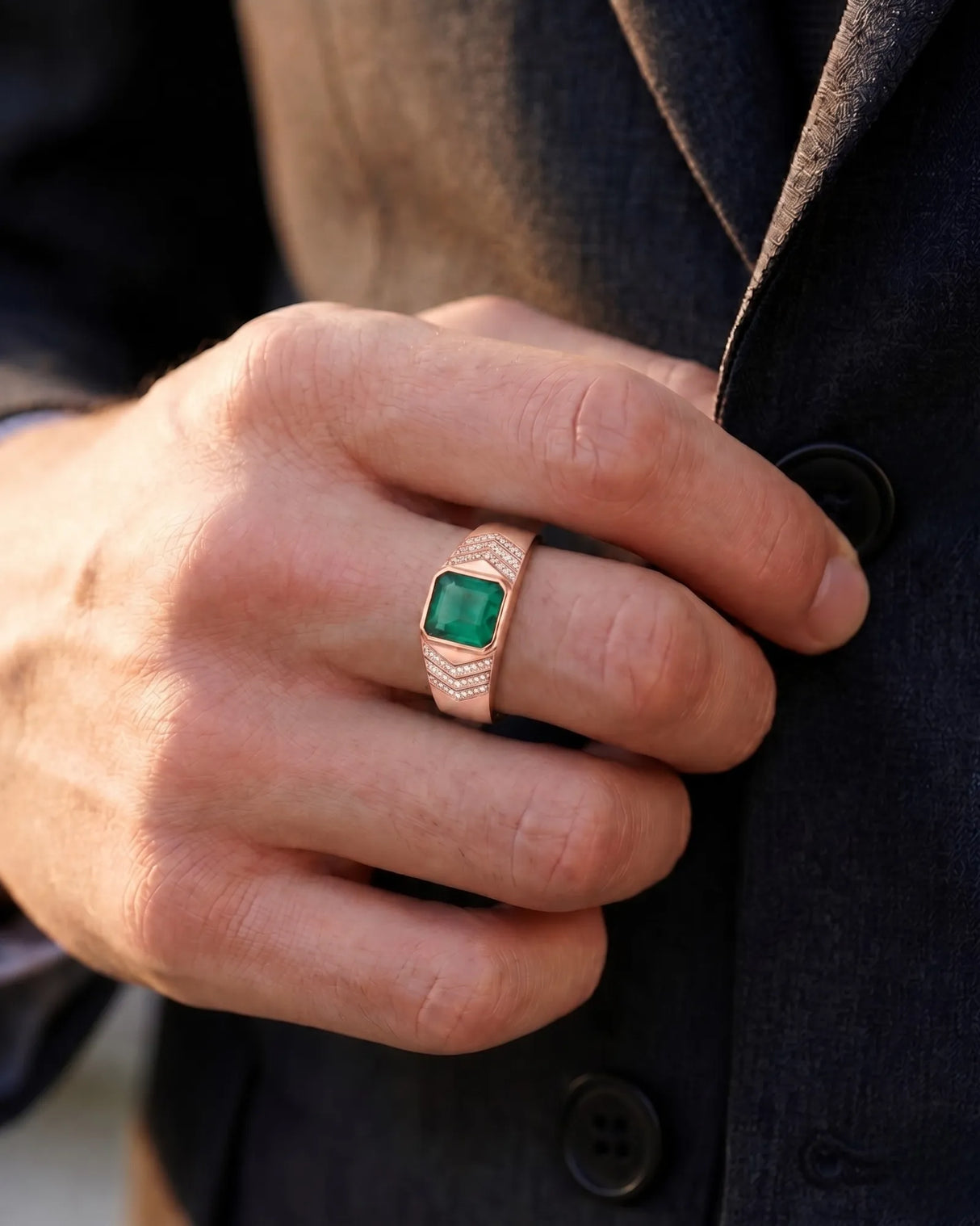 Luxury emerald and diamond men’s ring in rose gold for distinctive milestone gifting SARATTI
