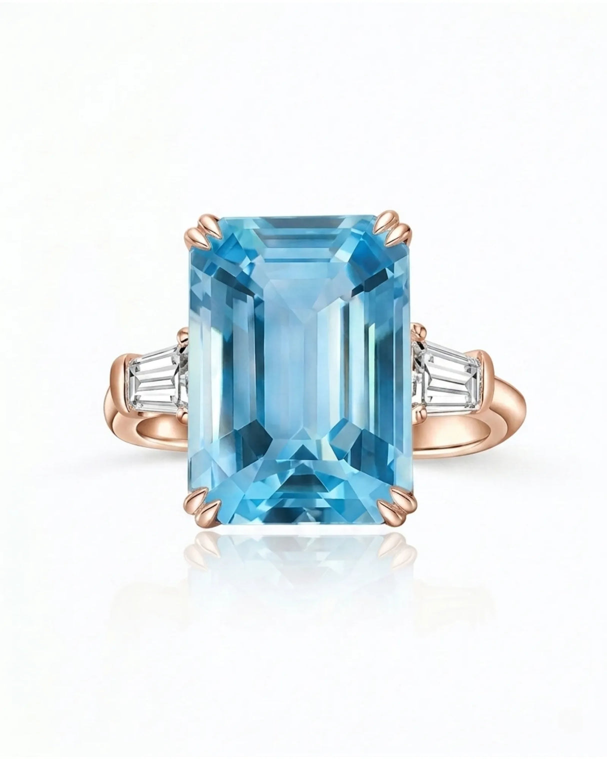 Équilibre emerald-cut Aquamarine baguette three-stone ring setting in rose gold, setting detail | SARATTI