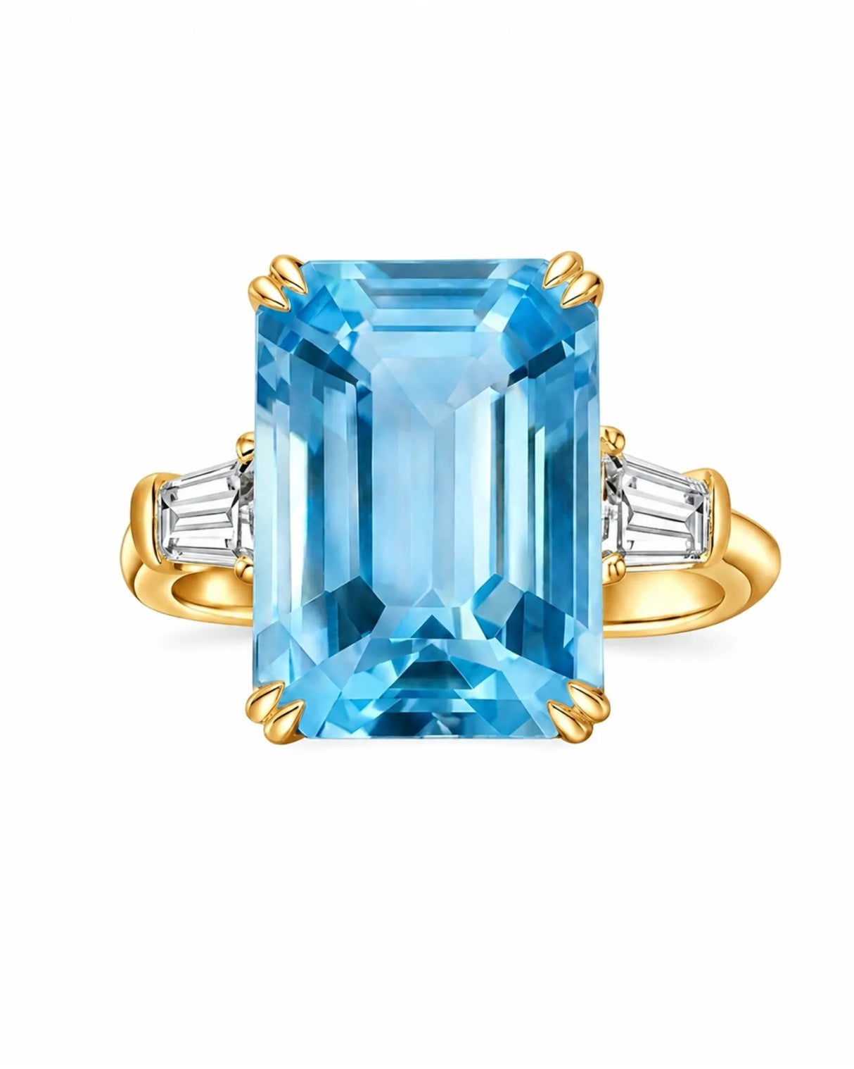Équilibre emerald-cut Aquamarine baguette three-stone ring setting in yellow gold, top view | SARATTI