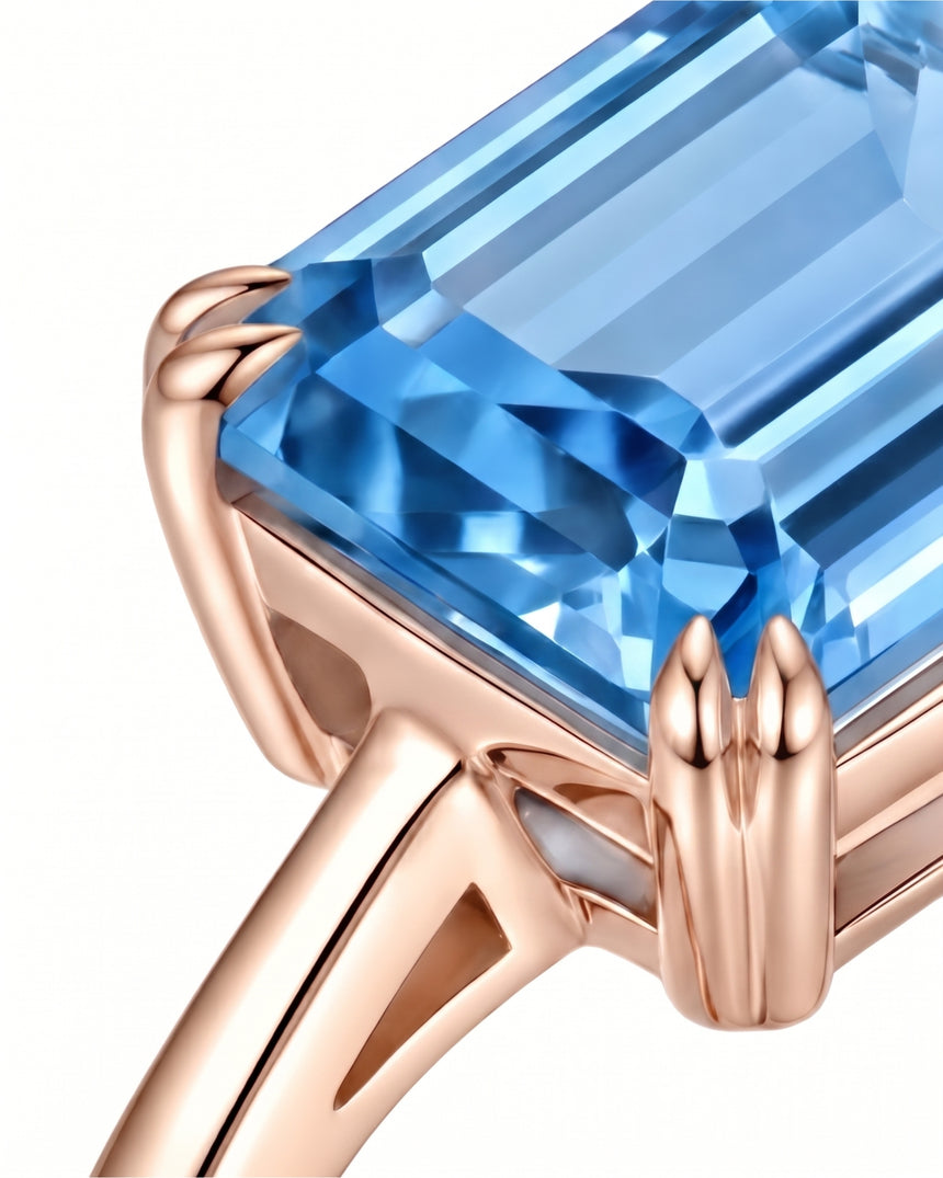 Luxury emerald cut aquamarine ring with soft rose gold warmth in 18K Rose Gold | SARATTI