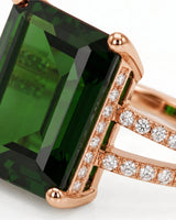 Luxury emerald cut green tourmaline ring with diamonds in 18K rose gold | SARATTI