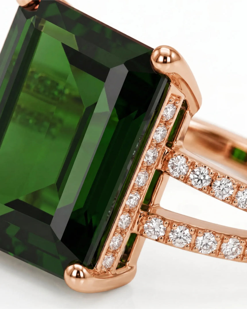 Luxury emerald cut green tourmaline ring with diamonds in 18K rose gold | SARATTI