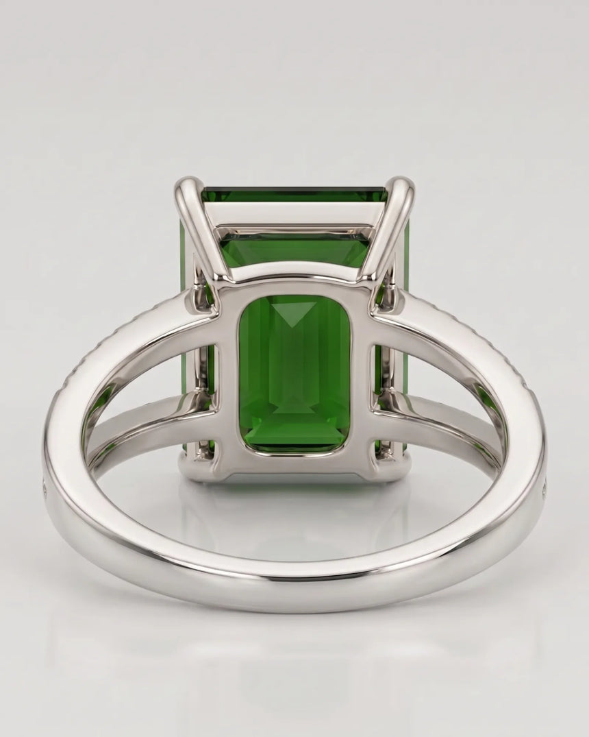 Luxury emerald cut green tourmaline ring with diamonds in 18K white gold | SARATTI