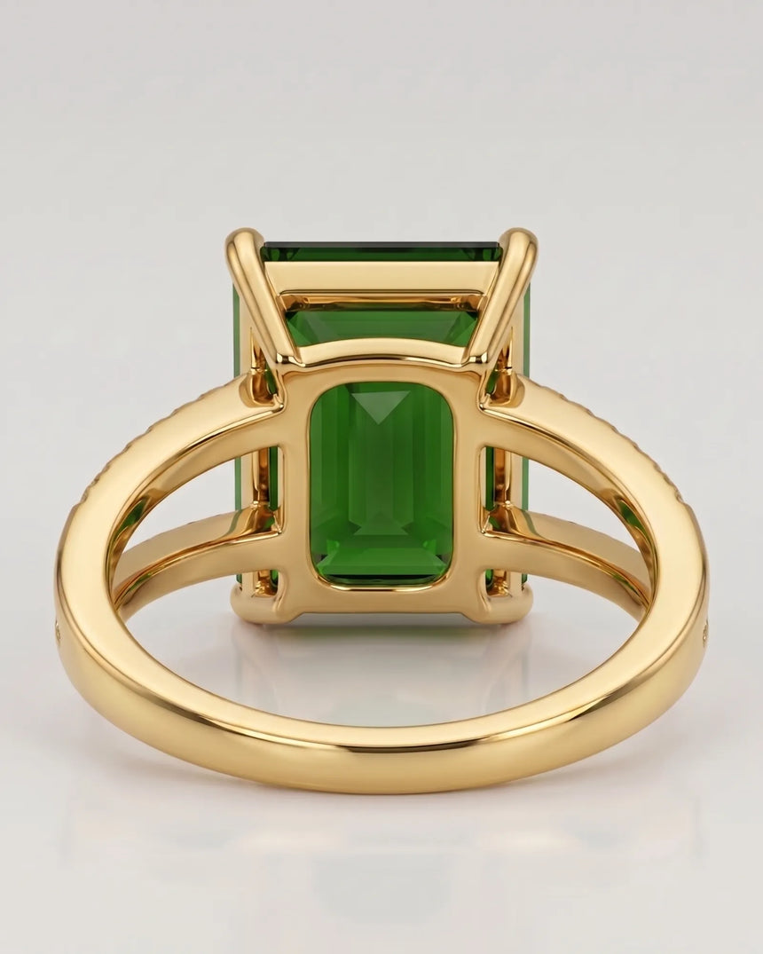 Luxury emerald cut green tourmaline ring with diamonds in 18K yellow gold | SARATTI