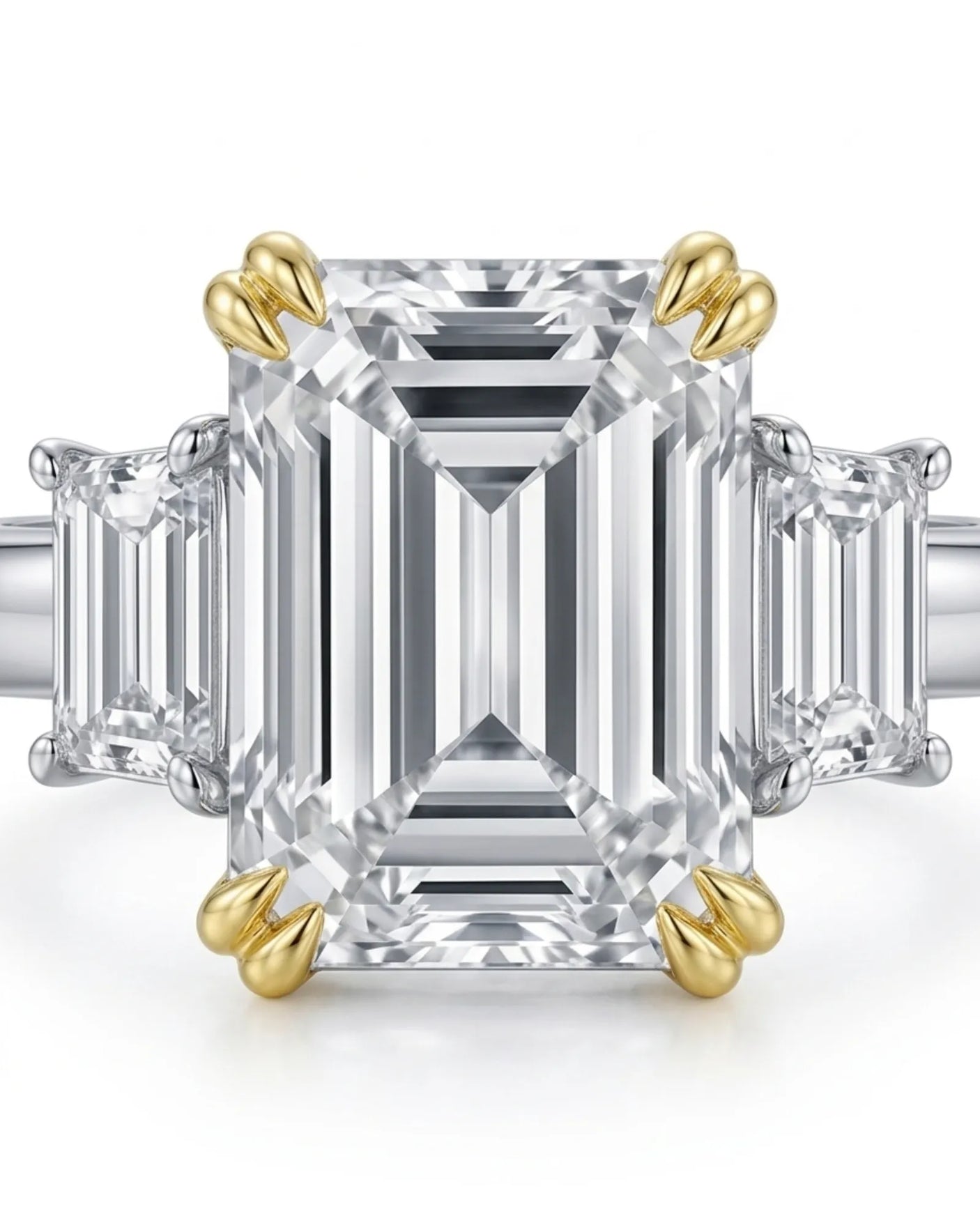 Luxury emerald cut moissanite ring with side stones and refined two tone gold setting | SARATTI