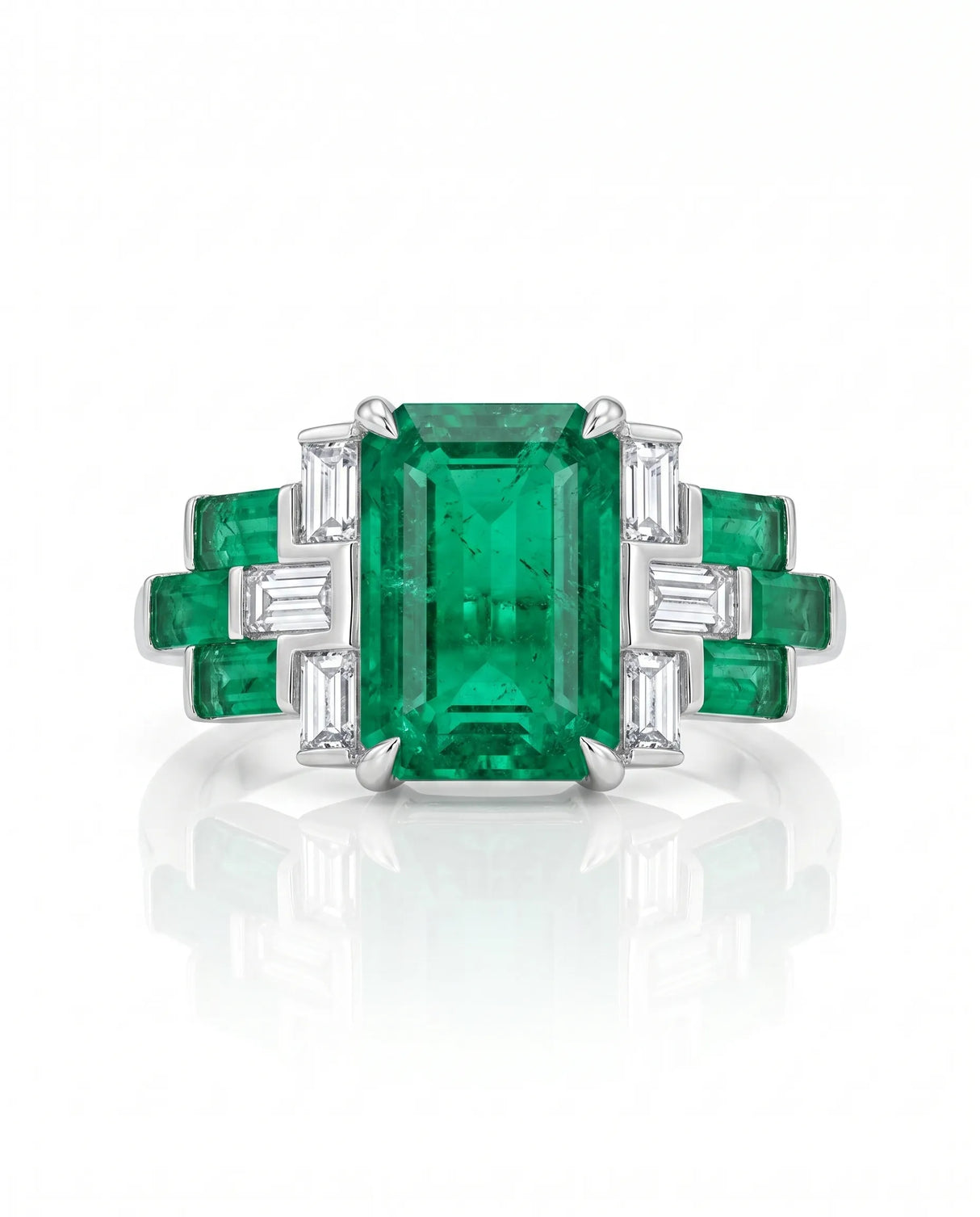 Luxury emerald cut natural emerald ring with baguette diamonds in 18K White Gold | SARATTI
