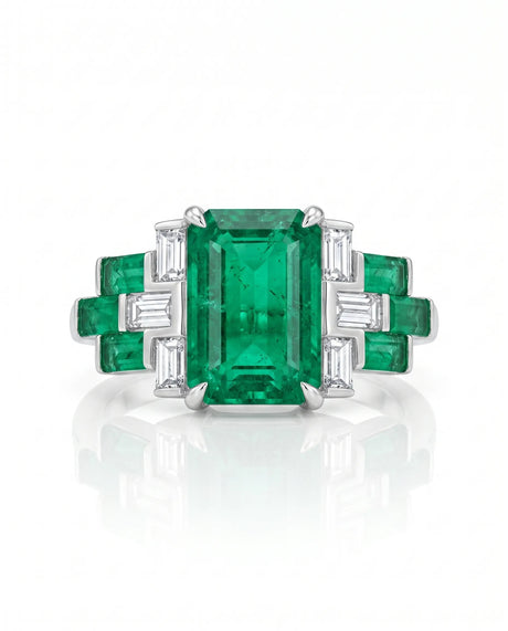 Luxury emerald cut natural emerald ring with baguette diamonds in 18K White Gold | SARATTI