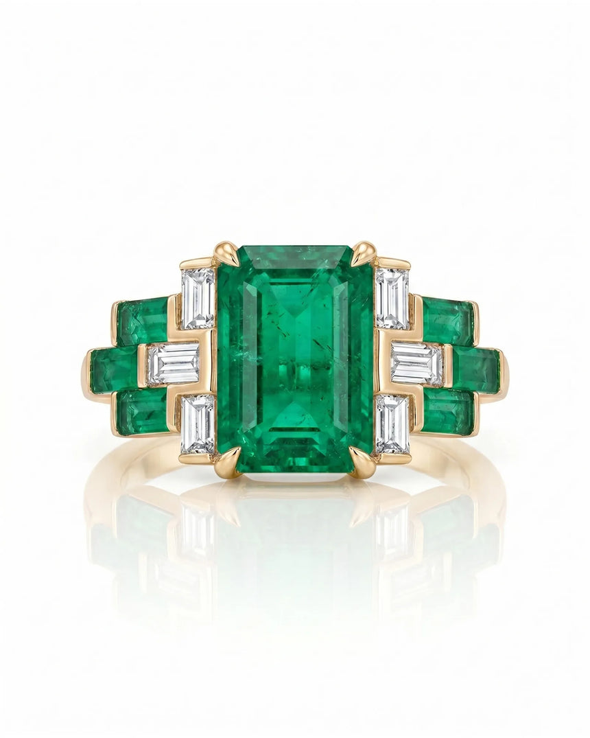 Luxury emerald cut natural emerald ring with baguette diamonds in 18K Yellow Gold | SARATTI